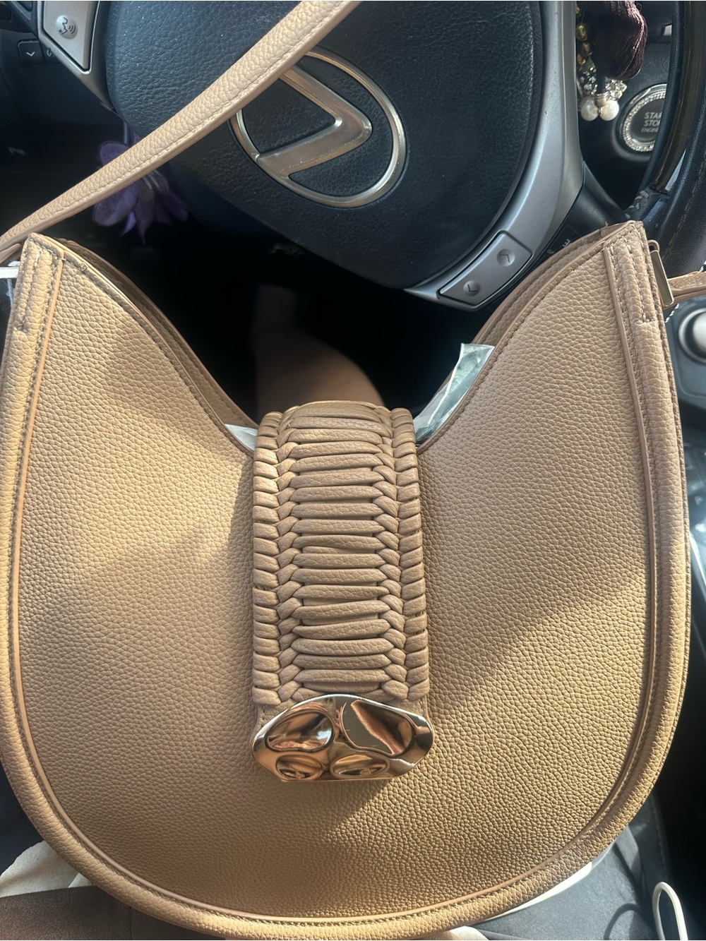 Beige Woven Accent Shoulder Bag - Women's Fashion Handbag
